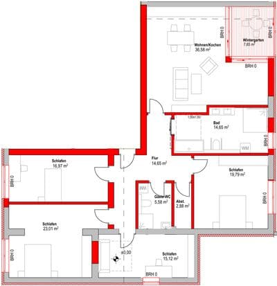Grundriss Haus B, WE08, EG, Eigentumswohnungen Borsdorf