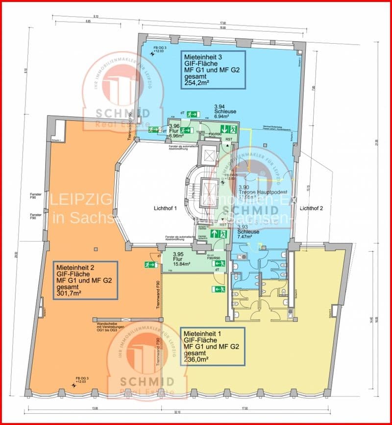 Grundriss Erdgeschoss und erste Etage mit drei Mieteinheiten, Flure, Treppenhäuser und Lichthöfe