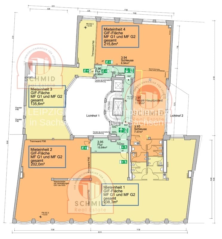 Lageplan mit vier Mieteinheiten, orange und gelb gekennzeichnet, Geschossflächen zwischen 195 und 238 Quadratmetern