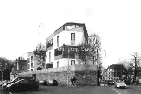 Modernes Wohngebäude mit fünf Geschossen, weißer Fassade und Flachdach, Mühlholzgasse in Leipzig