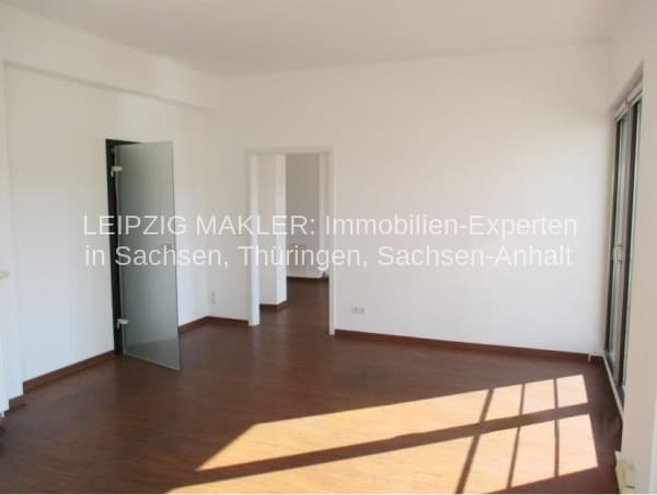 Leerer Raum mit Dunkelboden, weiße Wände, grüne Tür, Wanddurchbruch, Goldschmidtstraße in Leipzig