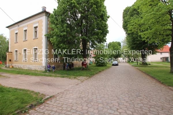 Zweistöckiges Haus mit gelblicher Fassade und Satteldach, umgeben von alten Bäumen, Lindenstraße in Lützen