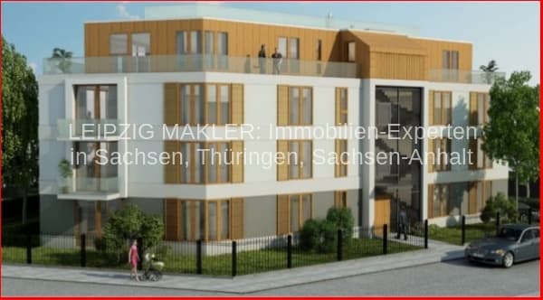 Modernes dreigeschossiges Mehrfamilienhaus mit weißer Fassade und holzfarbenen Fensterrahmen, Pfingstweide in Leipzig