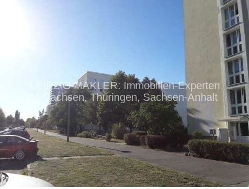 Mehrgeschossiges Wohngebäude mit grauer Fassade, Rasenfläche und Bäumen im Vordergrund, Straßenzeile in Leipzig-Mockau-Nord