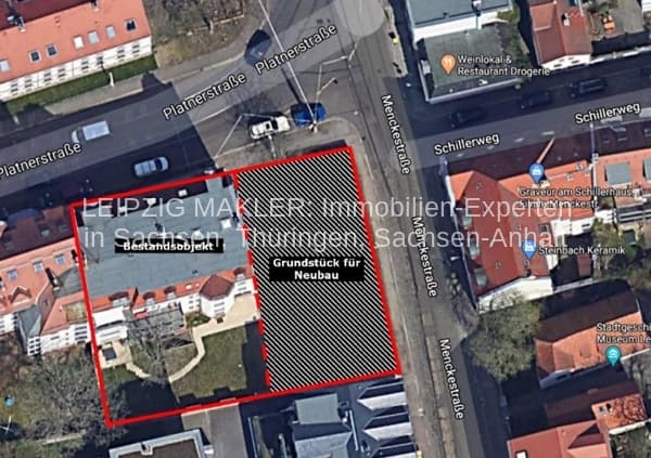 Lageplan eines Grundstücks an der Platnerstraße in Leipzig-Gohlis-Süd mit rot umrandeter Fläche und bestehenden Bebauungen