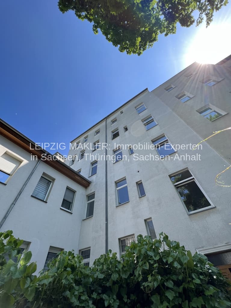 Mehrgeschossiges Wohngebäude mit heller Putzfassade und regelmäßigen Fensterreihen, Efeu im Vordergrund, Leipzig Zentrum-Süd