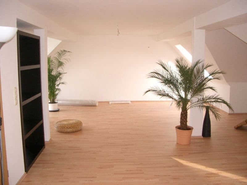 Leerer Raum mit Holzparkett, weiße Wände, Dachschrägen, Oberlicht, schwarze Tür links