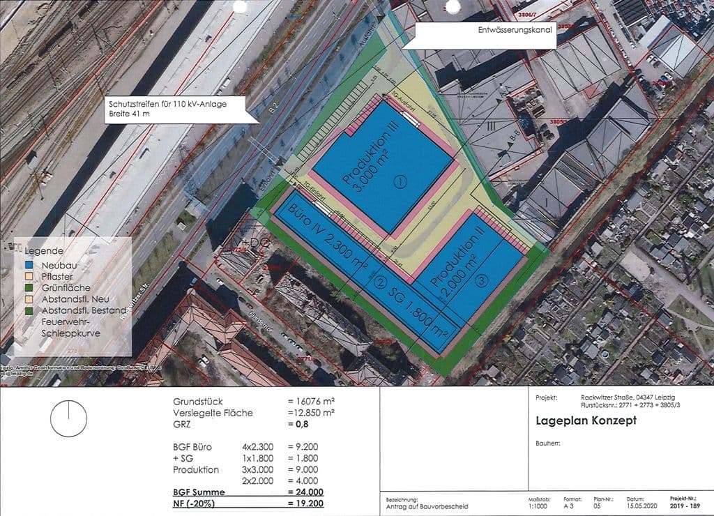 Lageplan Konzept, Luftaufnahme mit farbig gekennzeichneten Grundstücksflächen, Rackwitzer Straße in Leipzig