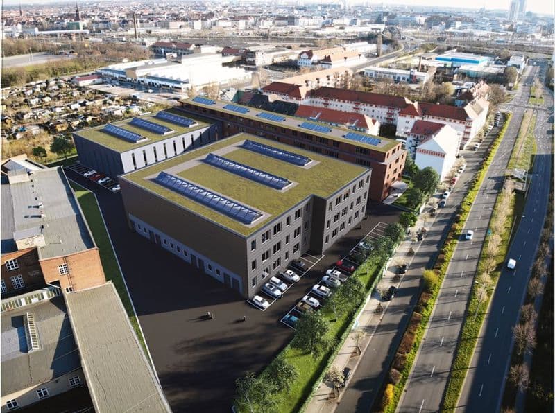 Mehrgeschossiges Gewerbegebäude mit Flachdach und Solaranlagen, Rackwitzer Str. in Leipzig-Schönefeld-Abtnaundorf