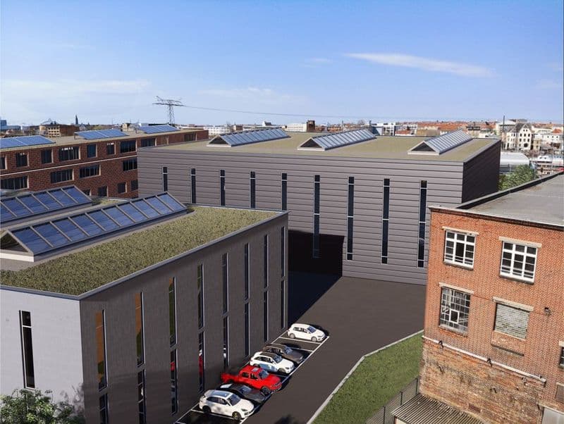 Modernes Gewerbegebäude mit Flachdach, Metallfassade und Dachbegrünung, Rackwitzer Straße in Leipzig-Schönefeld-Abtnaundorf