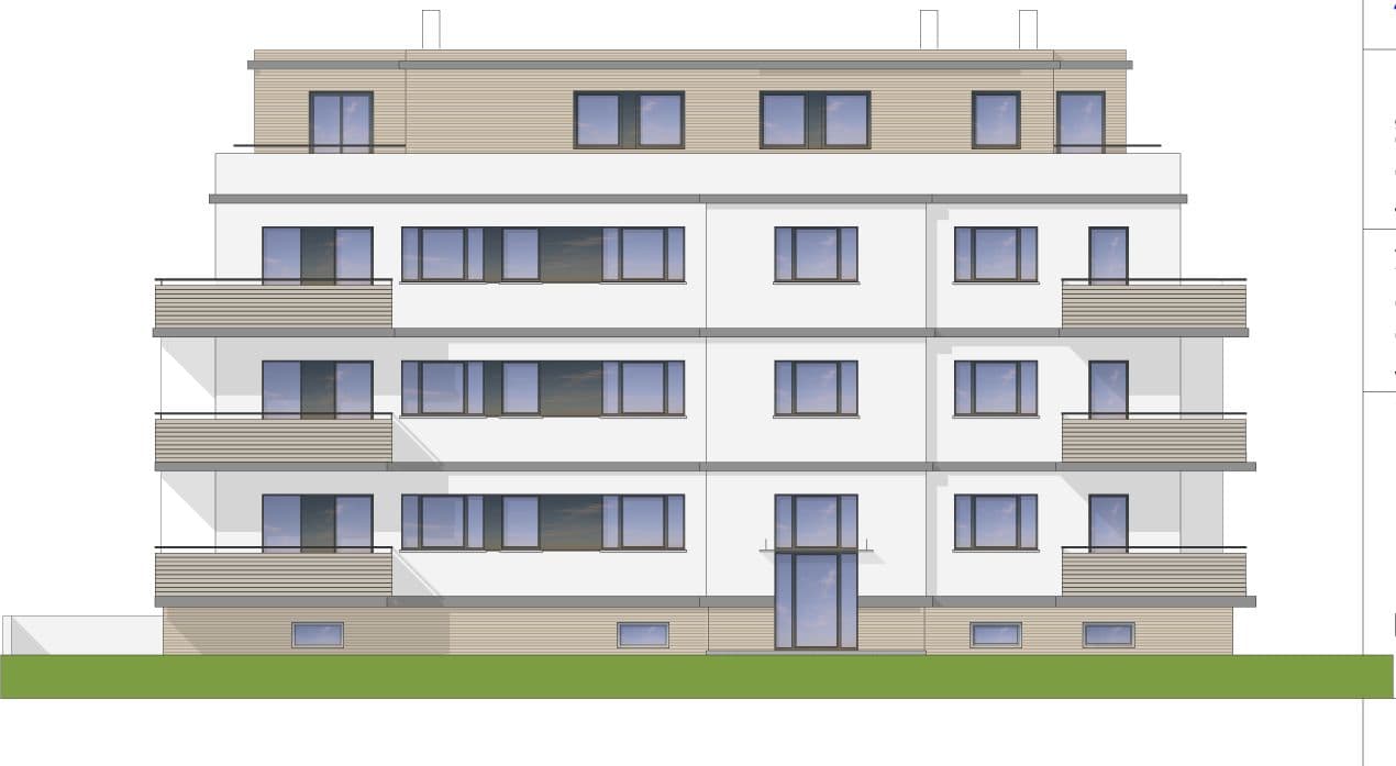 Architekturzeichnung einer fünfgeschossigen Wohnanlage mit Flachklinker-Fassade in Beige und Weiß