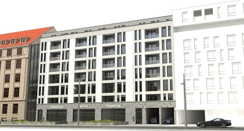 Modernes fünfgeschossiges Wohngebäude mit weißer Fassade und Balkonen, Dresdner Straße in Leipzig
