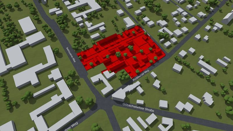 Lageplan mit rot hervorgehobenem Grundstück zwischen Göbschelwitzer Straße und Seehausener Allee