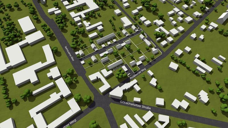 Lageplan mit Neubaugrundstücken, Straßenzügen und Begrünung aus der Vogelperspektive, Seehausener Allee in Leipzig-Seehausen