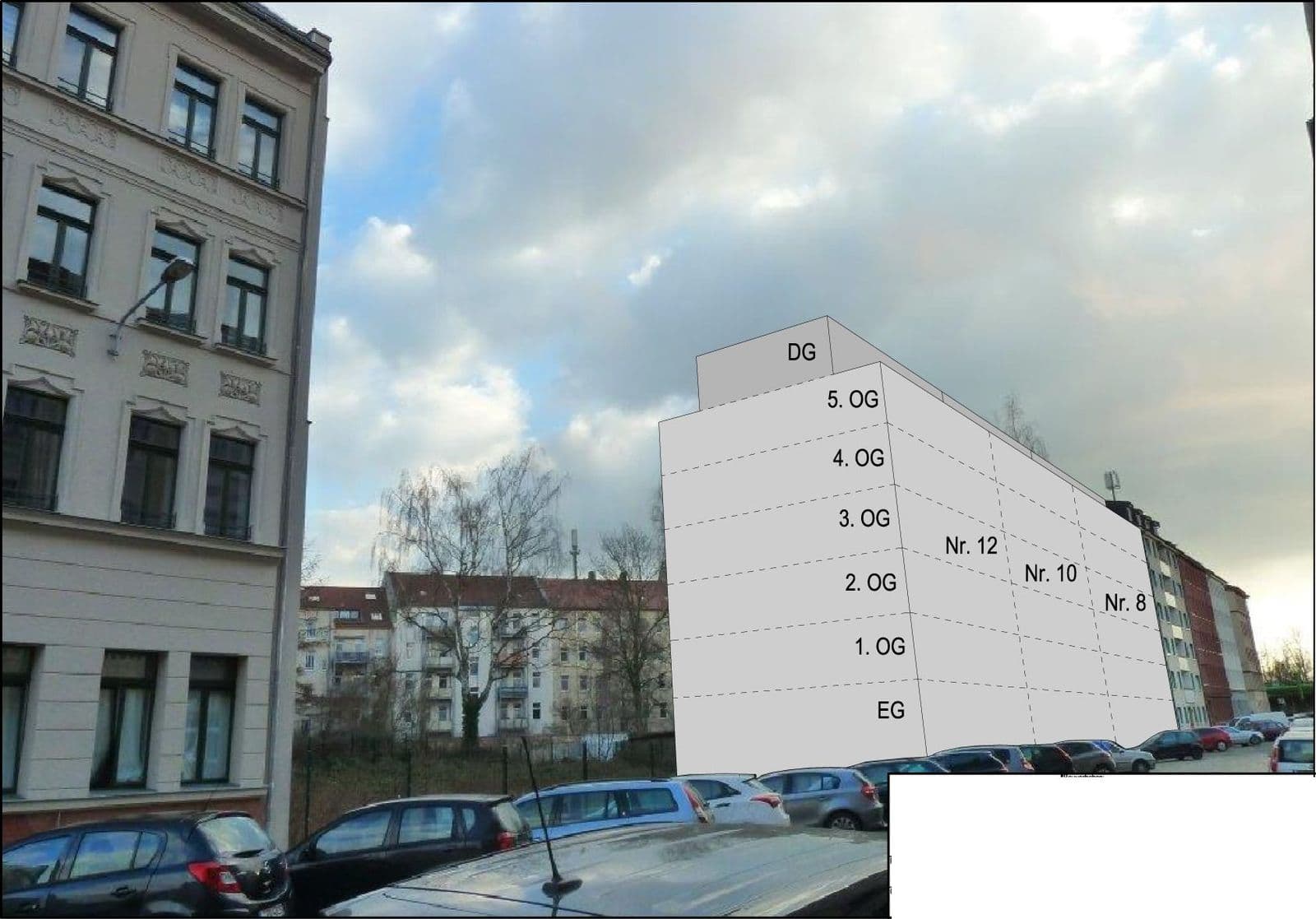 Visualisierung eines Mehrfamilienhauses mit Geschossplänen, dahinter gründerzeitliches Wohngebäude, Wichernstraße in Leipzig