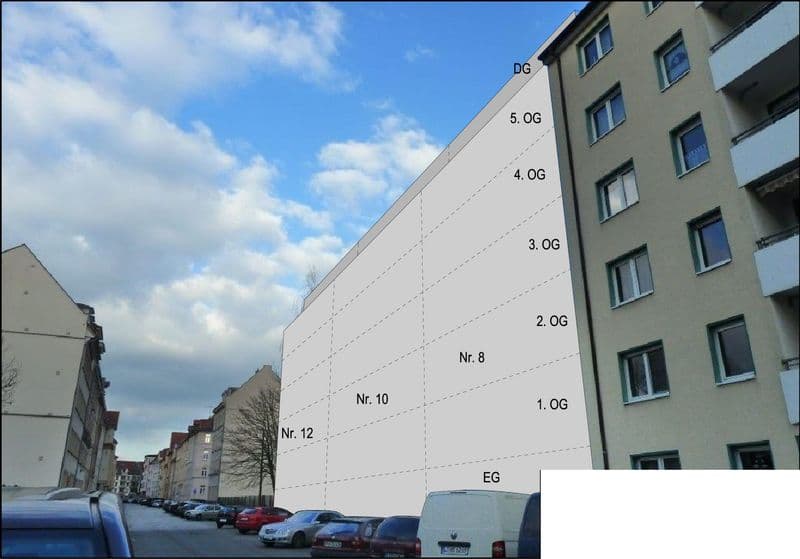 Visualisierung eines sechsgeschossigen Neubaus mit glatter heller Fassade zwischen Altbauten, Wichernstraße in Leipzig