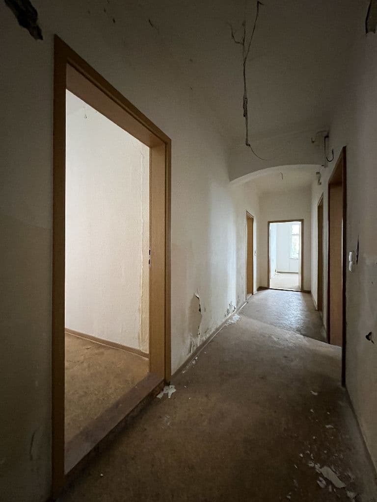 Langer Flur mit weißen Wänden, Betonboden, mehreren Holztüren und gewölbter Decke