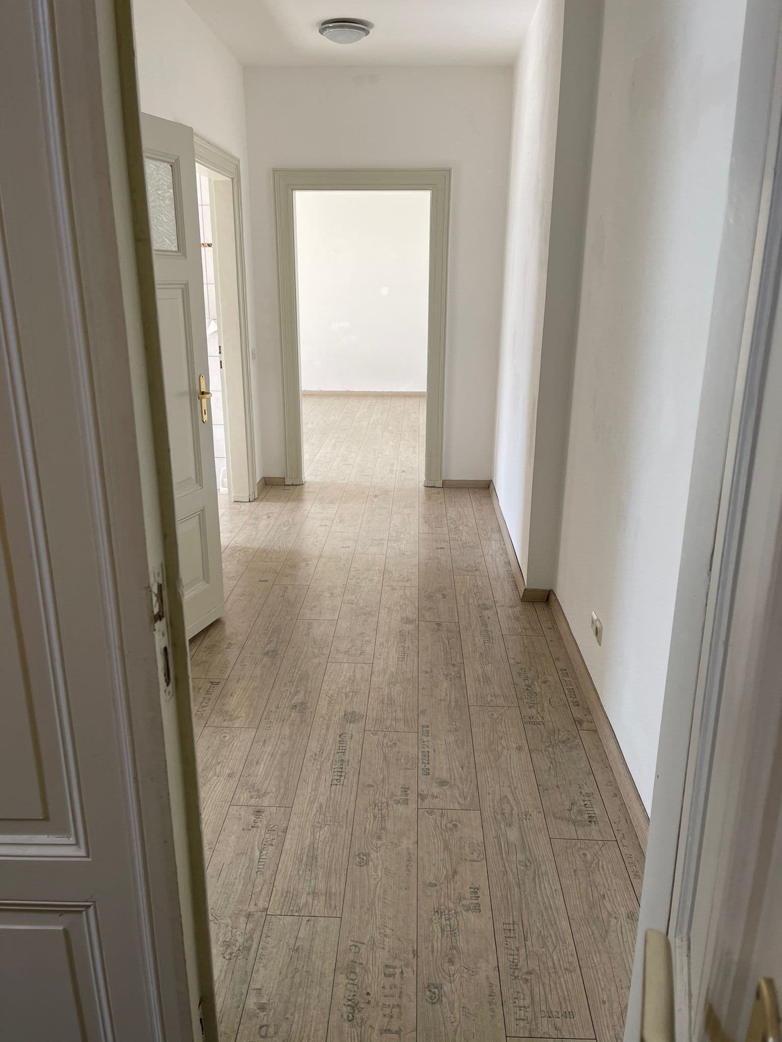 Langer Flur mit Holzimitat-Bodenbelag, weiße Türen links und rechts, helle Wände, Durchblick in Wohnraum