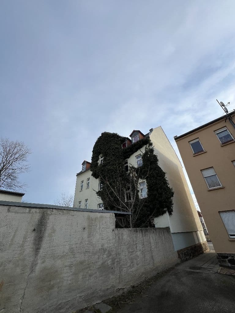 Vier-Geschoss-Wohnhaus mit Mansarddach und Efeu bewachsener Fassade, Betonmauer davor, Dieskaustraße in Leipzig