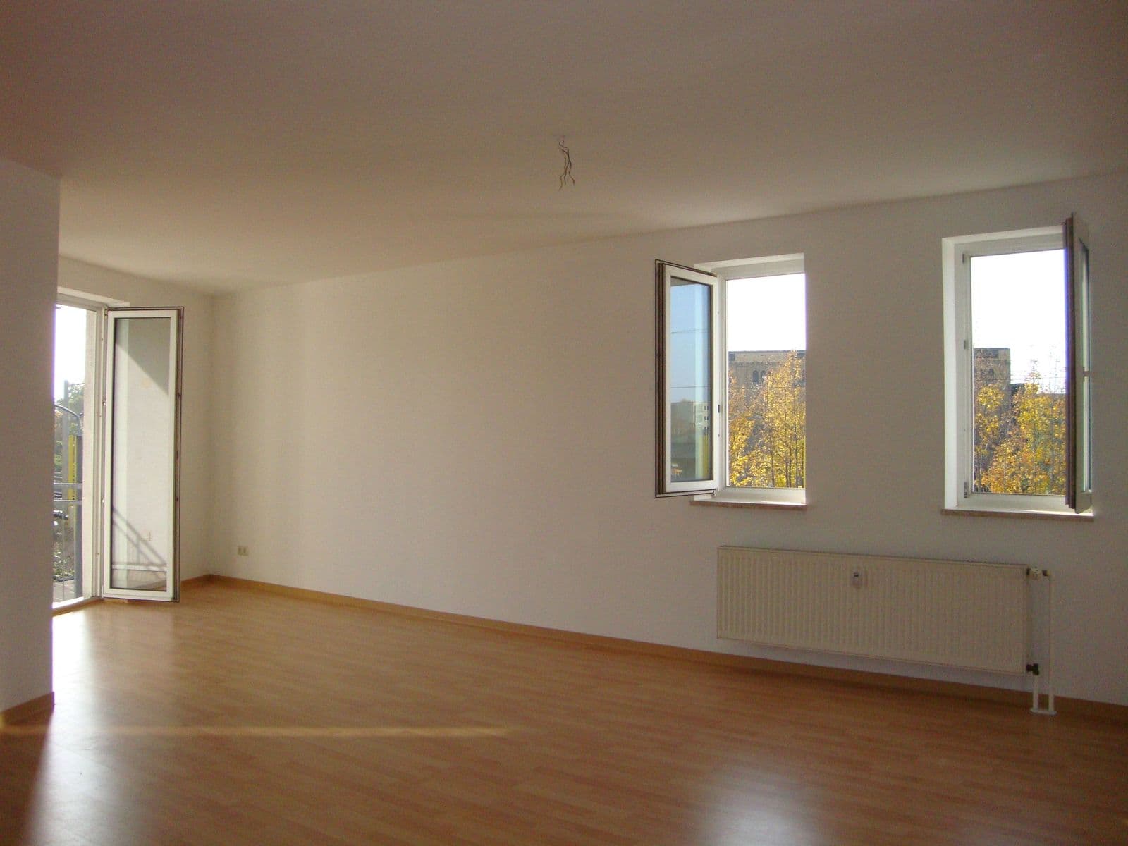 Leeres Wohnzimmer mit Parkettboden, hellen Wänden, zwei Fenster mit Ausblick, Balkonzugang links, Heizkörper