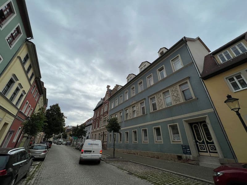 Gründerzeitliche Wohngebäude mit vier bis fünf Geschossen, grauer und roter Fassade, Mansardendächer, Fischstraße in Naumburg