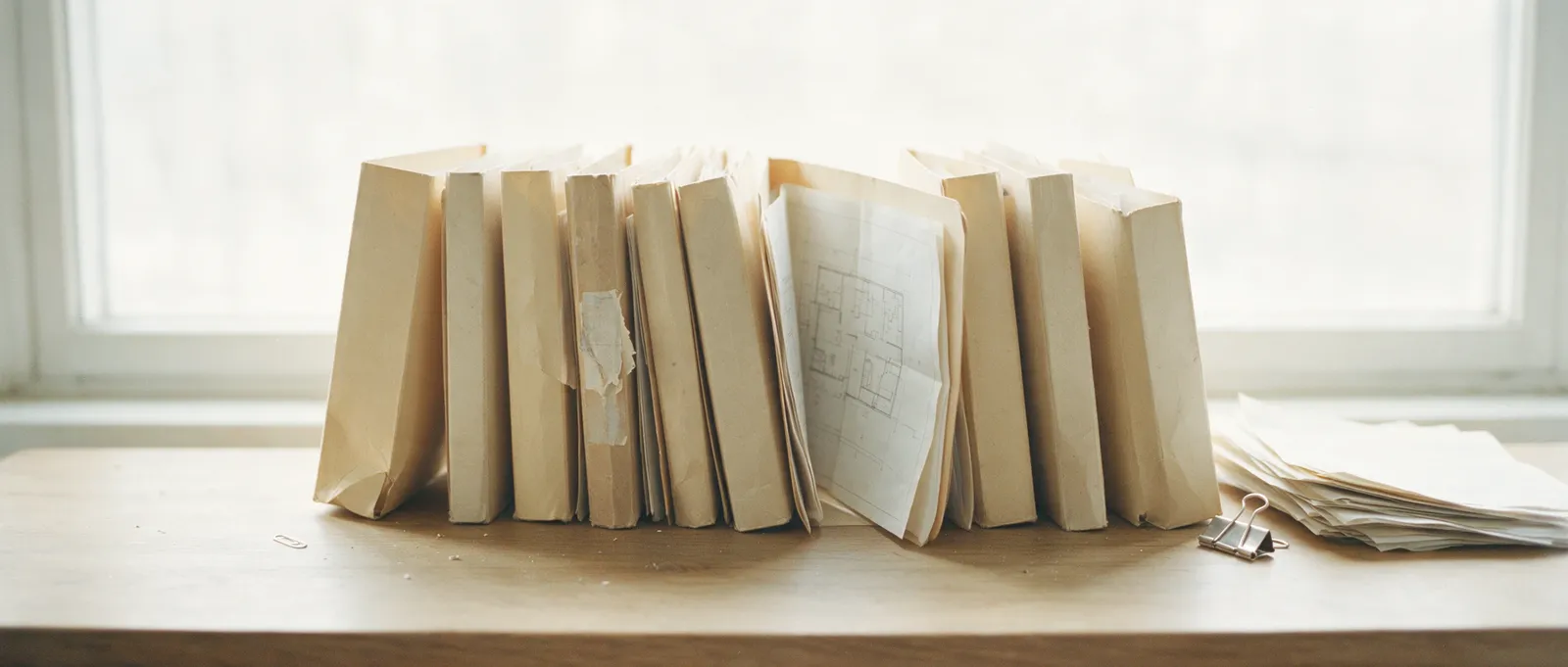 Mehrere Aktenmappen nebeneinander, eine offen mit einem Grundriss, daneben loses Papier und eine Klemme