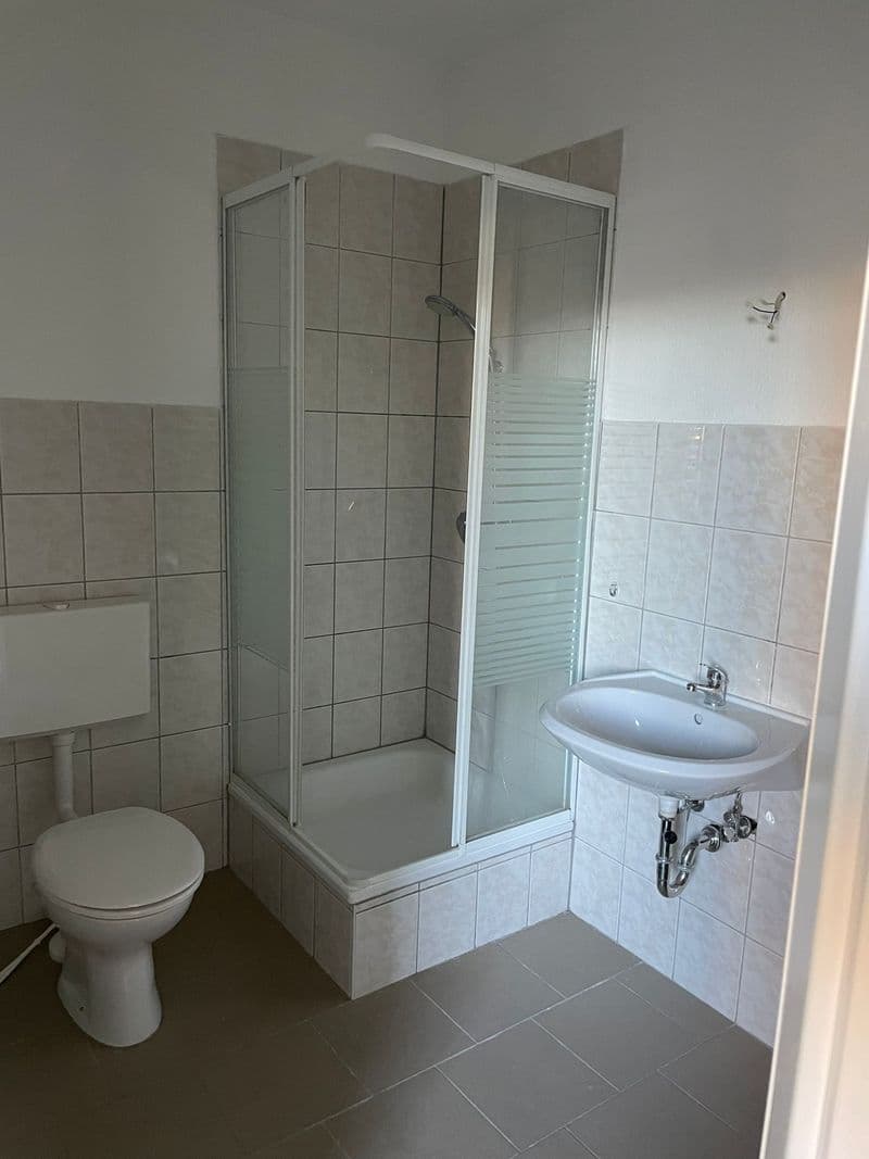 Badezimmer mit Duschkabine, Toilette und Waschbecken, helle Fliesen, dunkler Bodenbelag