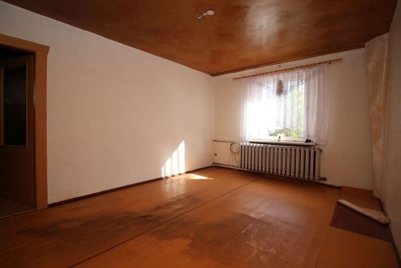 Leeres Wohnzimmer mit Terrakotta-Dielenboden, brauner Decke, heller Wandverkleidung, Fenster mit Heizkörper und Holztür