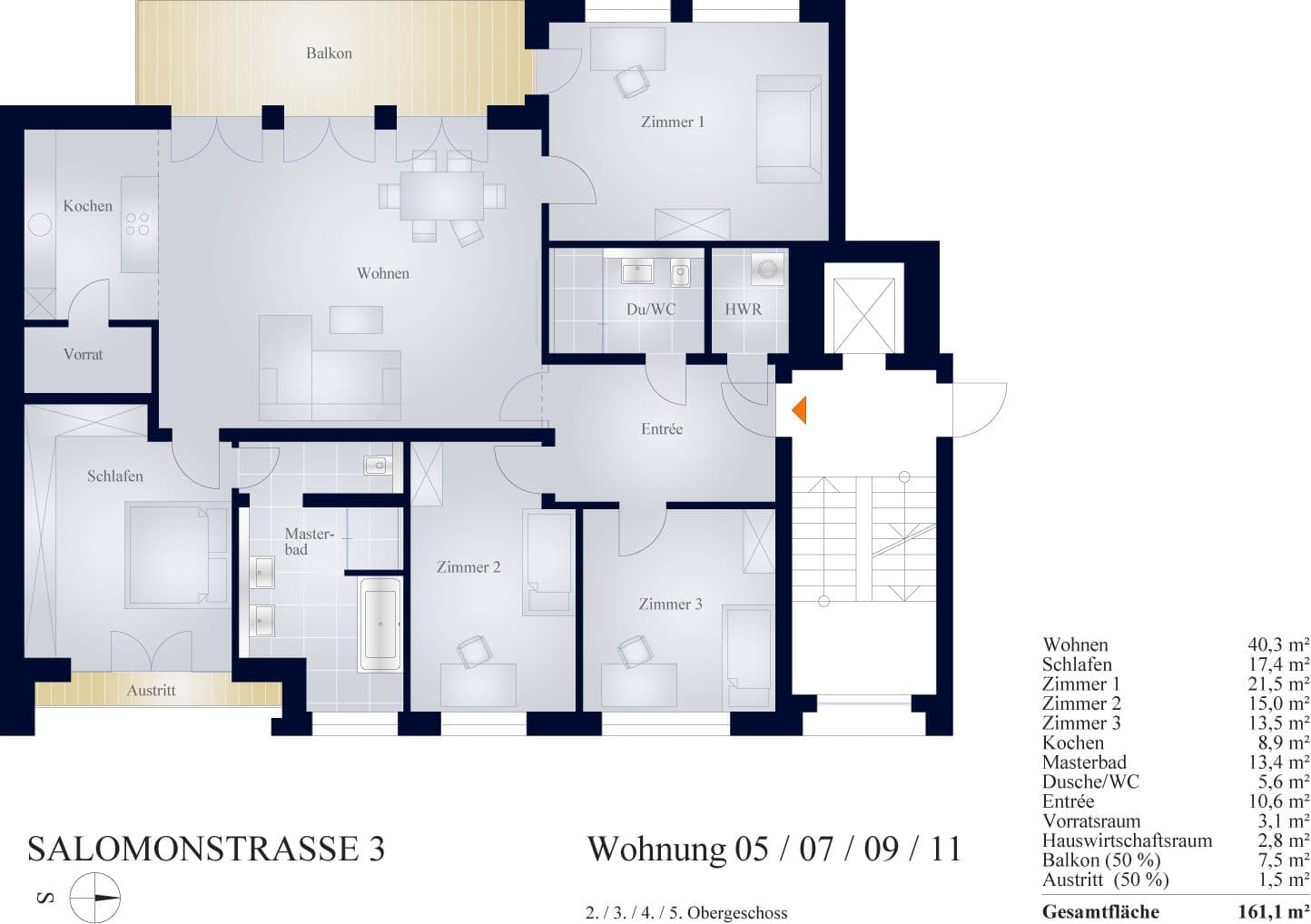 Grundriss einer Wohnung mit Wohnzimmer, Küche, drei Zimmern, Schlafzimmer und Balkon, Salomonstraße in Leipzig