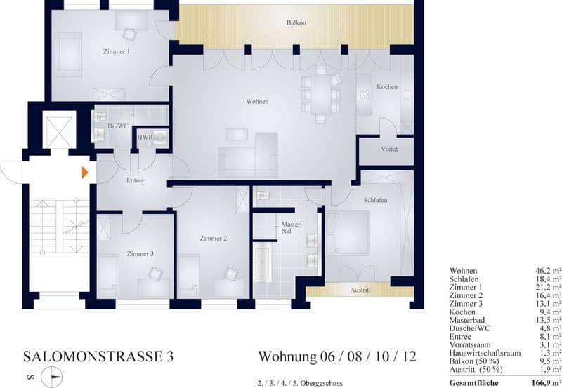 Grundriss einer Wohnung mit Wohnzimmer, Küche, drei Zimmern, Masterbad und Balkon, 166, 9 Quadratmeter