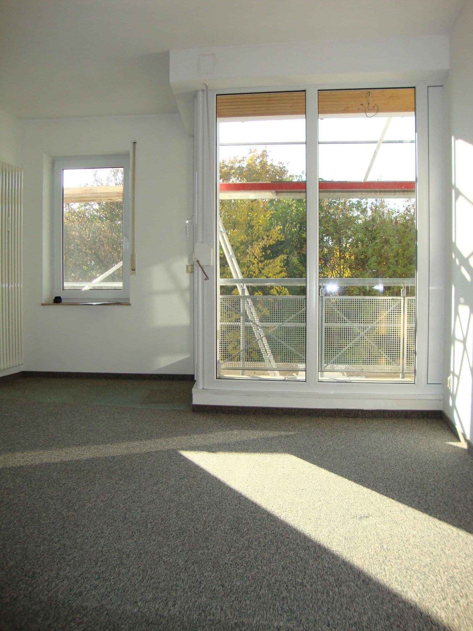 Leeres Wohnzimmer mit Teppichboden, weiße Wände, große Glasfenstertür mit Balkonzugang und Ausblick auf Baumbestand
