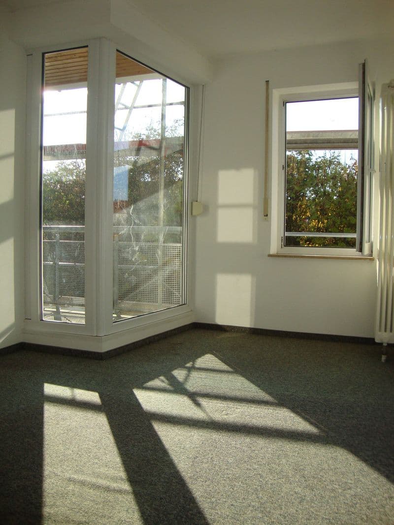 Helles Zimmer mit grauem Teppichboden, große Glasschiebetür mit Insektenschutz und Fenster mit Blick ins Grüne