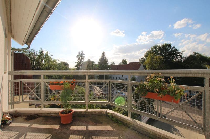 Balkon mit Metallgeländer und Drahtkörben, Blick auf Wohnhäuser und Bäume, Seehausener Allee in Leipzig-Seehausen