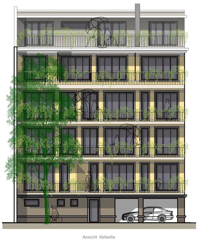 Sechsgeschossiges Wohnhaus mit begrünten Balkonen, gelbem Sockelbereich und Einzelgarage, Architekturzeichnung Ansicht