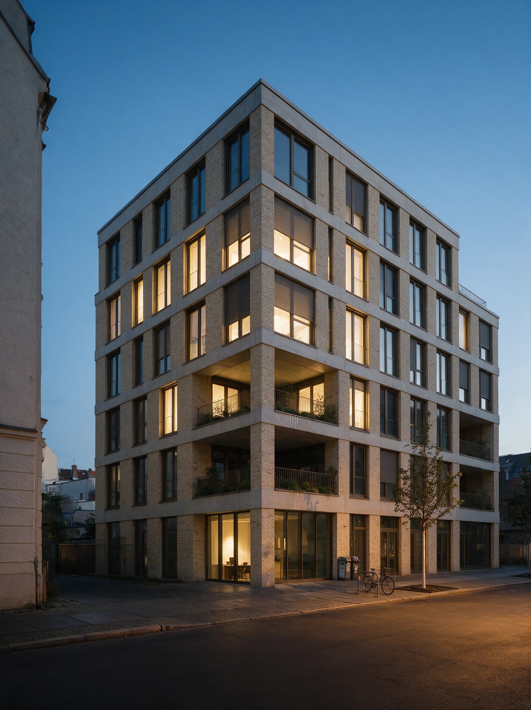 Modernes Geschäftshaus an einer Straßenecke zur blauen Stunde, einzelne erleuchtete Büroetagen