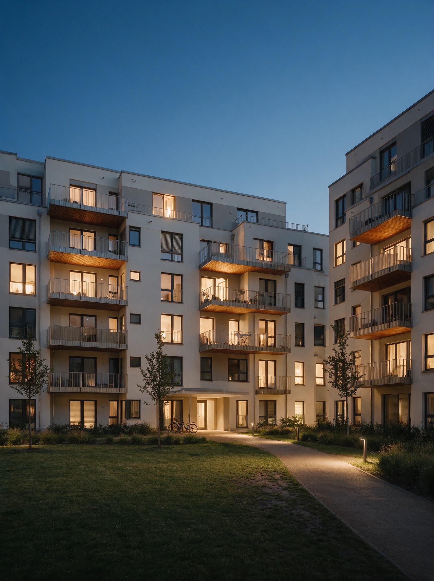 Modernes Wohnquartier zur blauen Stunde, viele warm erleuchtete Wohnungen und Balkone