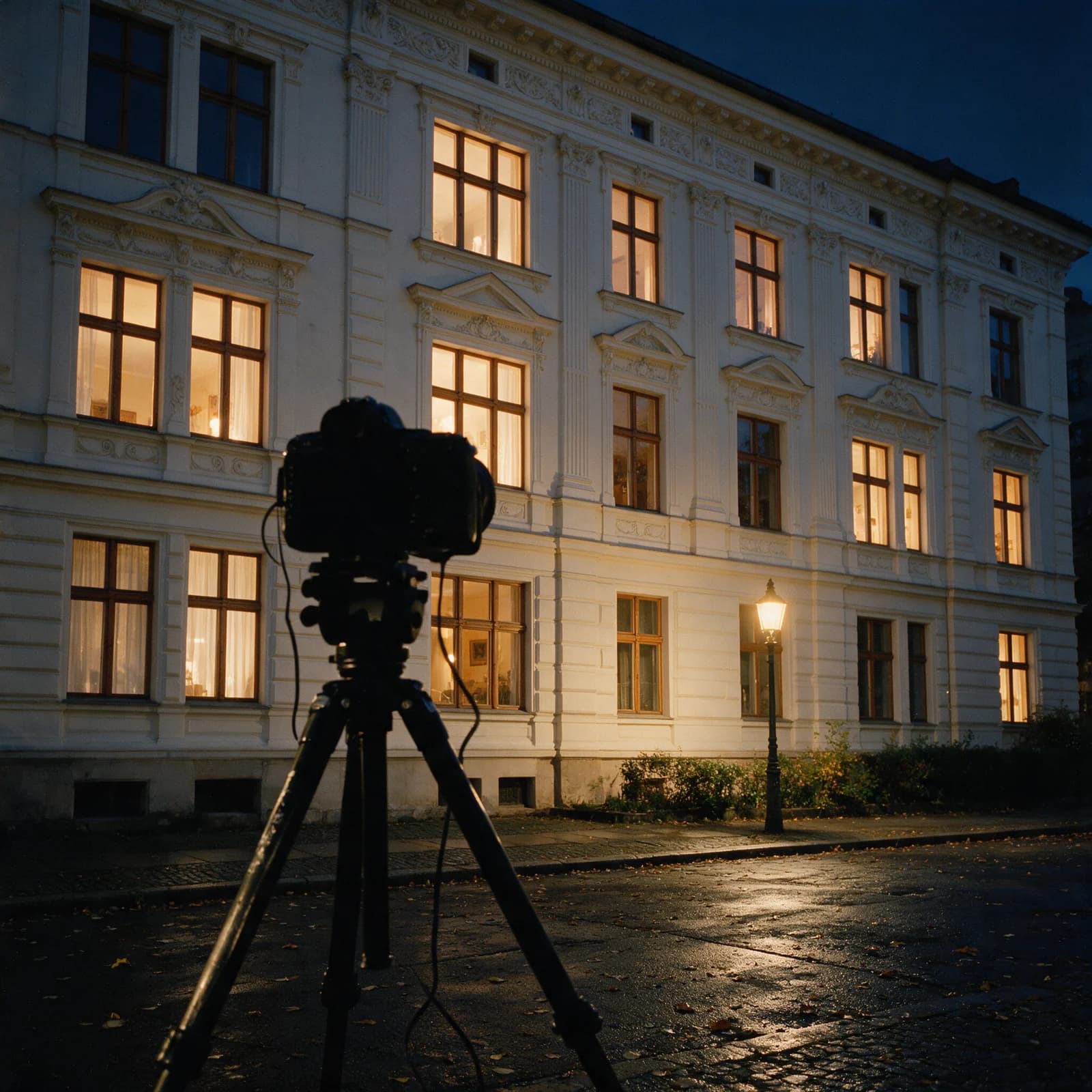 Kamera auf Stativ vor einer beleuchteten Gründerzeitfassade in Leipzig zur blauen Stunde
