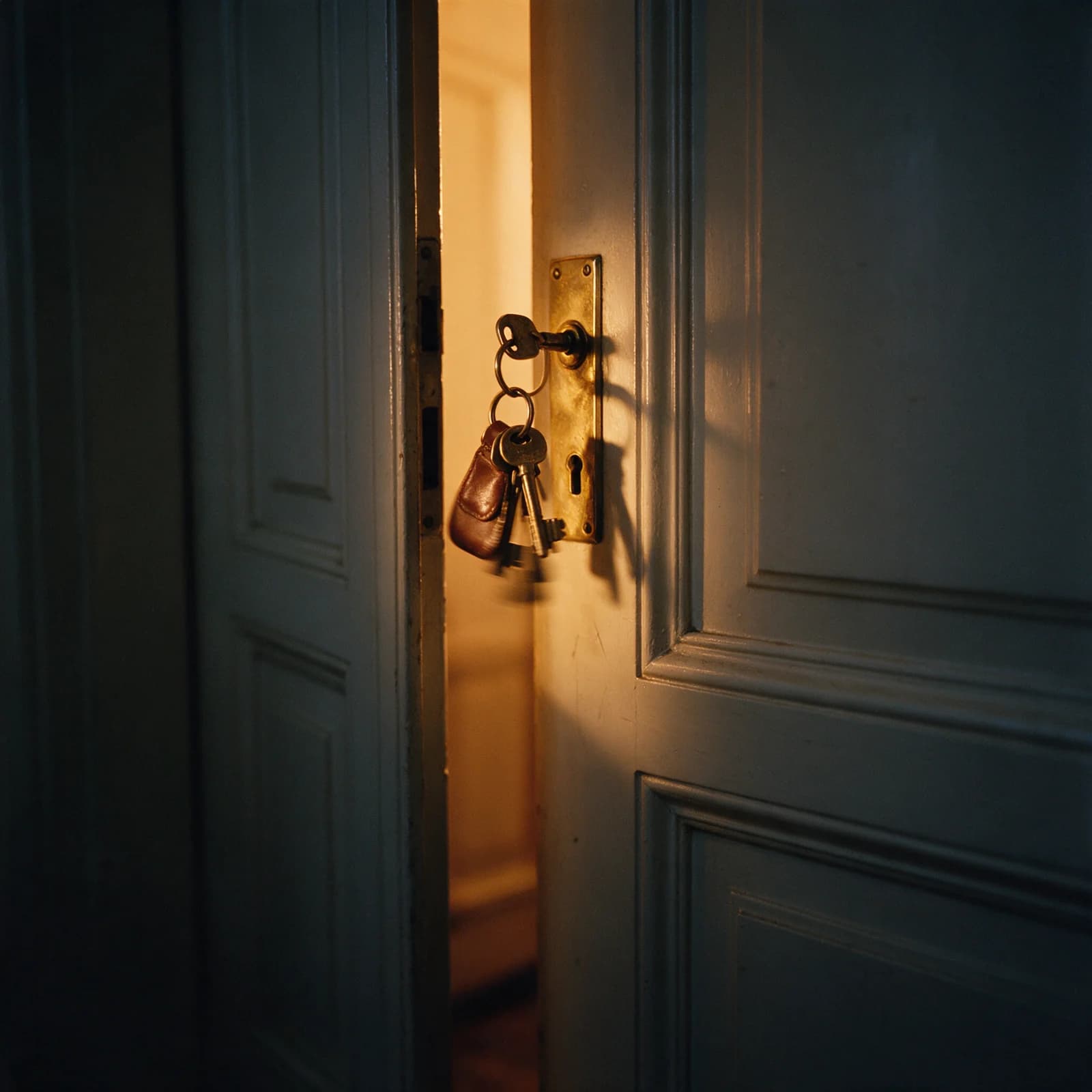 Schlüsselbund im Schloss einer angelehnten Altbau-Wohnungstür, warmes Licht aus der Wohnung dahinter