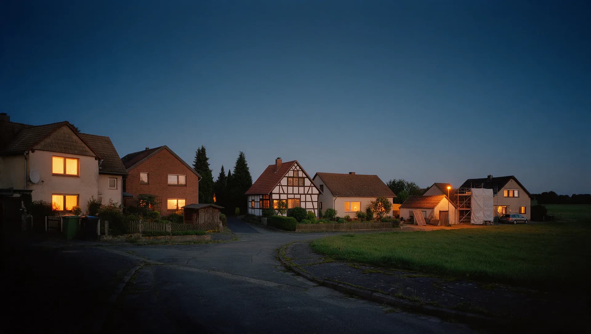 Ortsrand mit Einfamilienhäusern und angrenzender Wiese, wie am Rand von Dessau