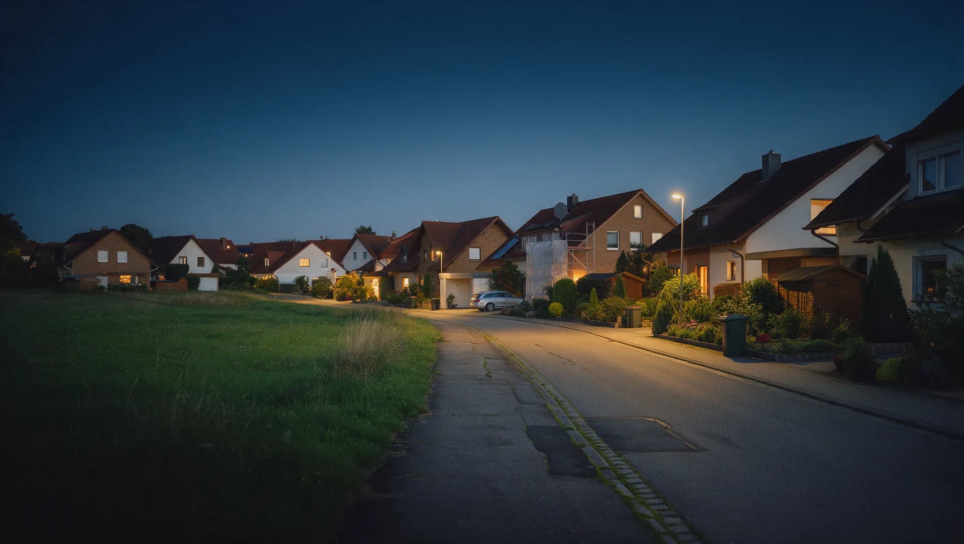 Ortsrand mit Einfamilienhäusern und angrenzender Wiese, wie am Rand von Dresden