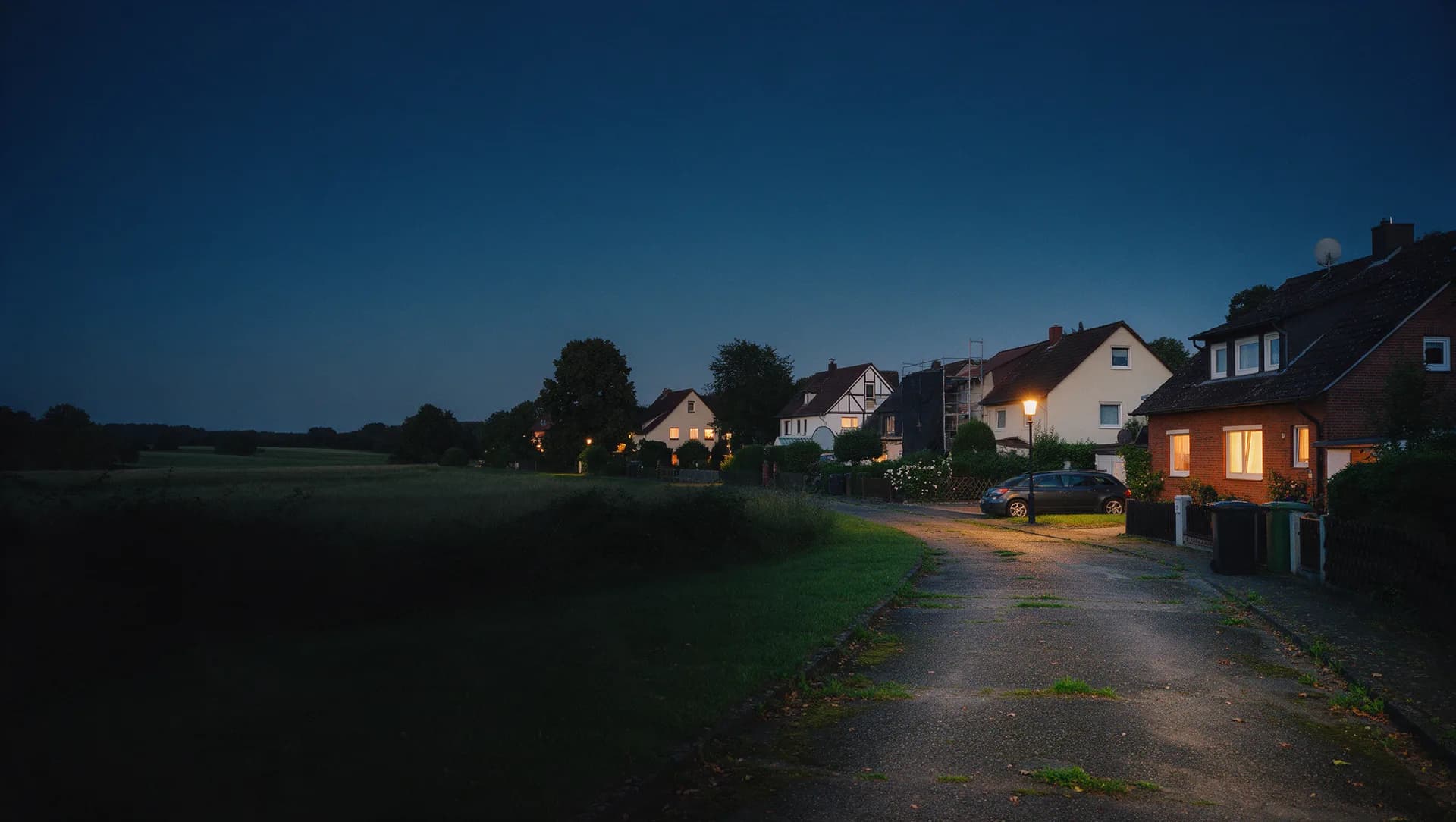 Ortsrand mit Einfamilienhäusern und angrenzender Wiese, wie am Rand von Meerane