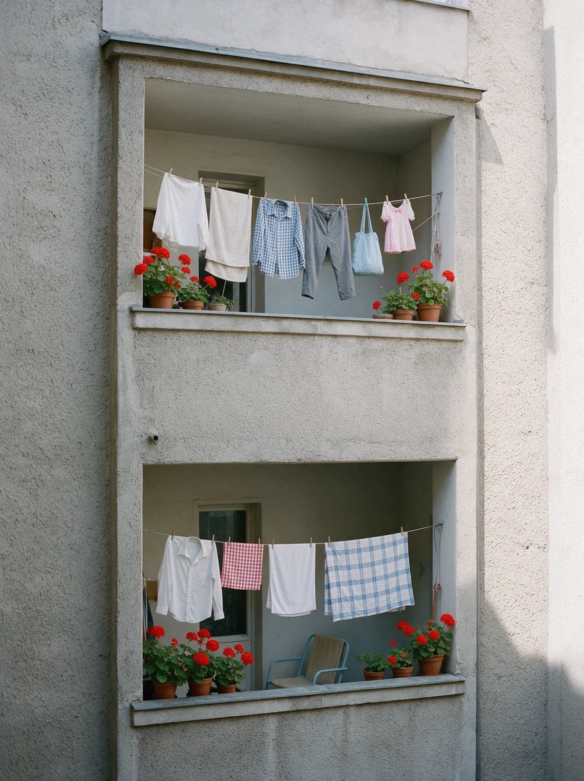 Zwei übereinanderliegende Loggien mit Wäscheleine und Blumenkästen