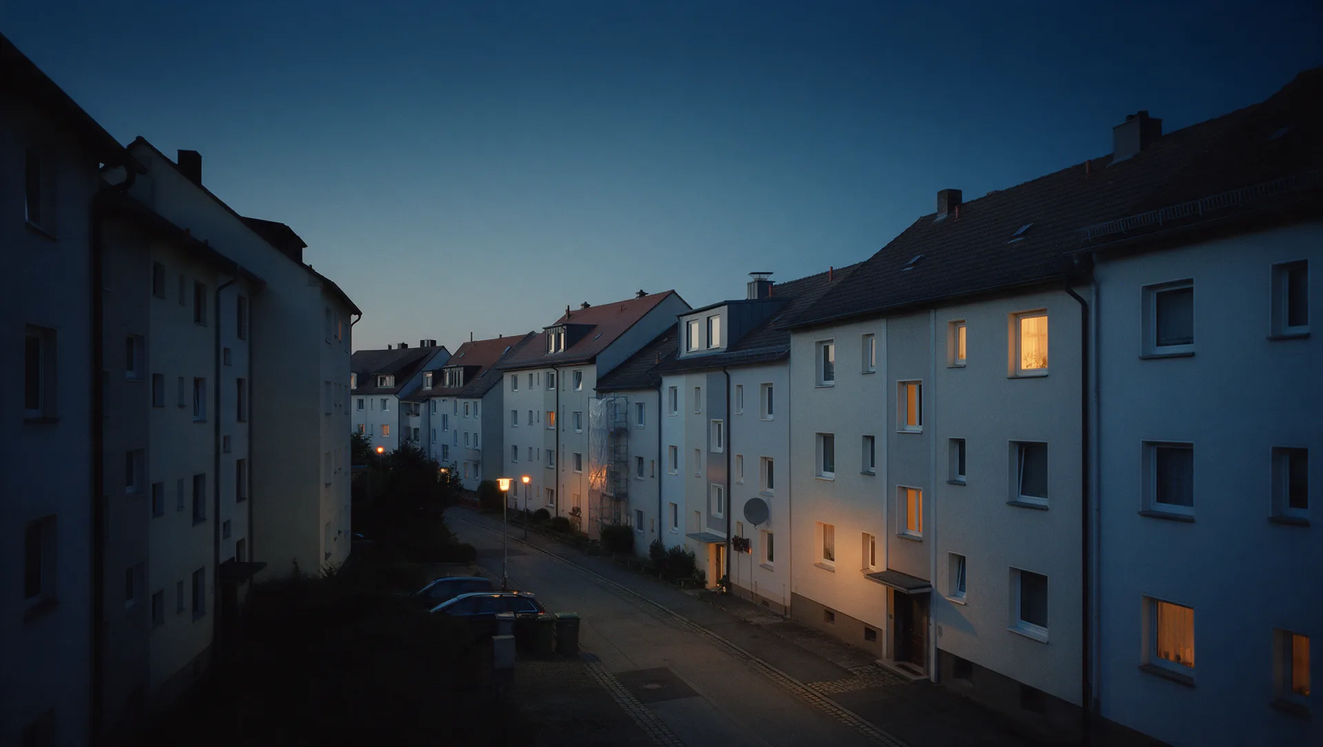Wohnstraße mit Altbauten zur blauen Stunde, typisch für den Bestand in Borna
