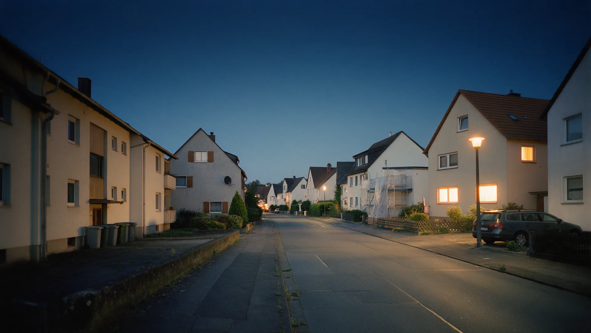 Wohnstraße mit Altbauten zur blauen Stunde, typisch für den Bestand in Geithain