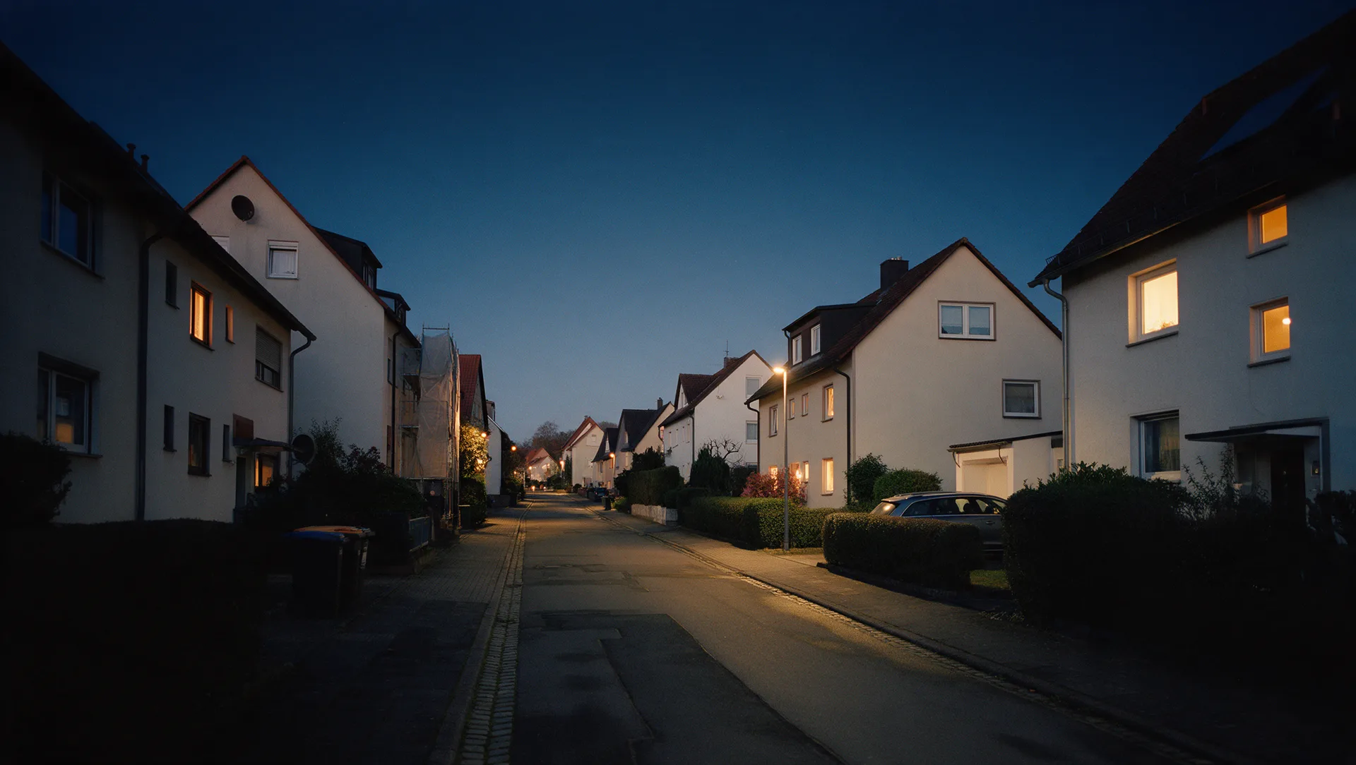 Wohnstraße mit Altbauten zur blauen Stunde, typisch für den Bestand in Markranstädt