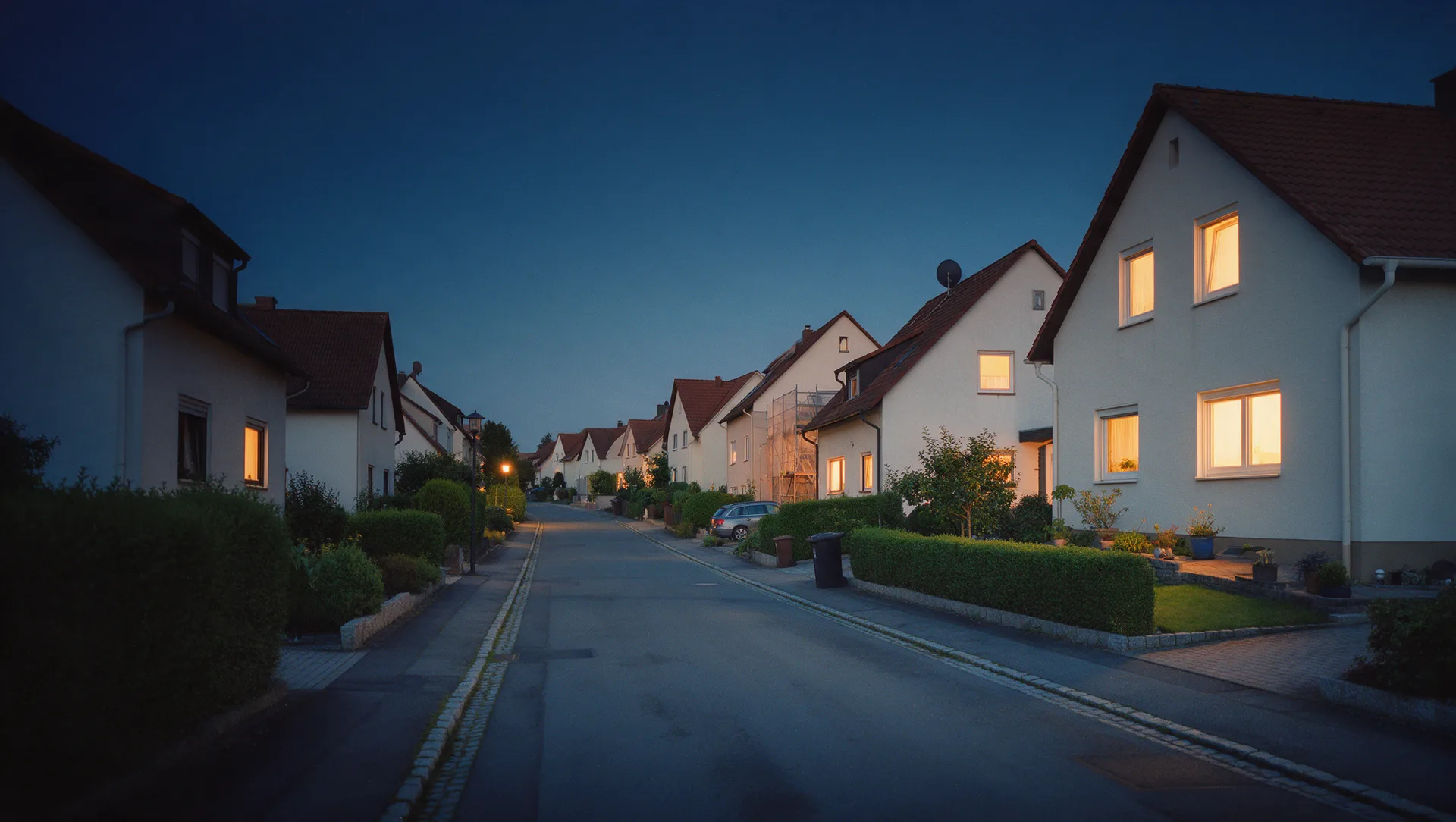 Wohnstraße mit Altbauten zur blauen Stunde, typisch für den Bestand in Naunhof