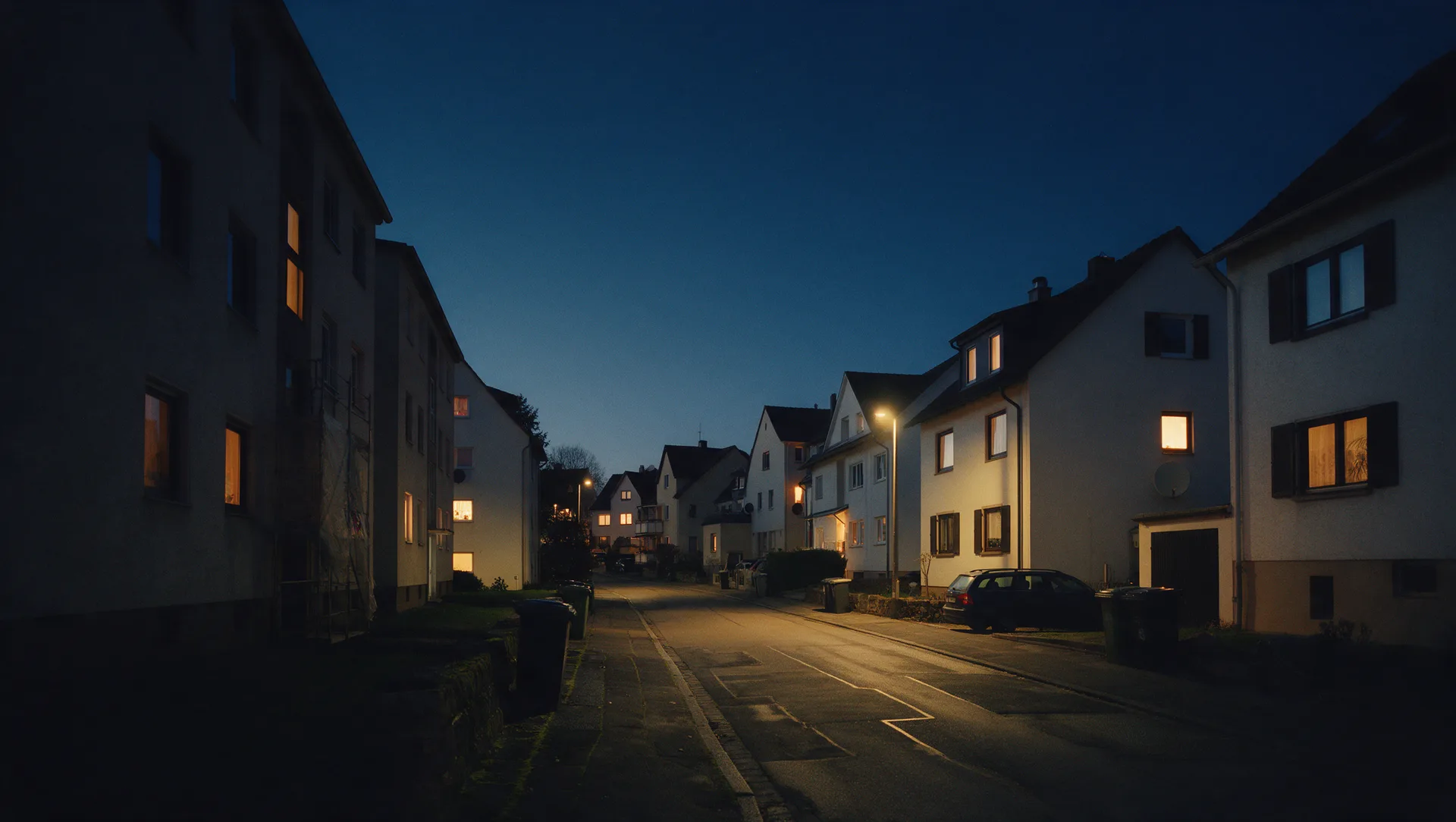Wohnstraße mit Altbauten zur blauen Stunde, typisch für den Bestand in Regis-Breitingen
