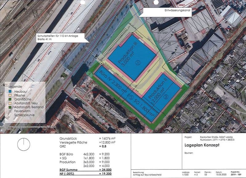 Lageplan Konzept: Luftaufnahme eines Industriegrundstücks mit zwei blauen Produktionshallen, Rackwitzer Straße in Leipzig