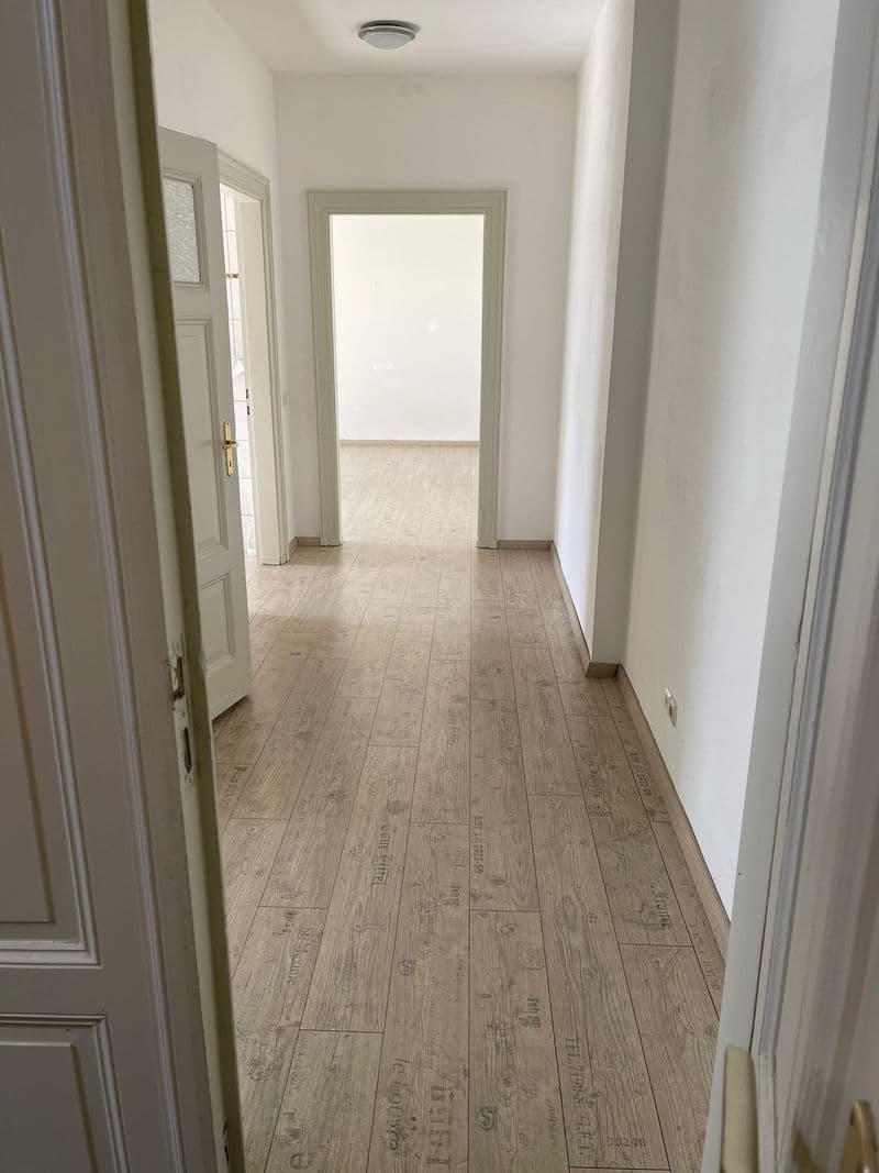 Langer Flur mit Holzimitat-Bodenbelag, weiße Türen links und rechts, helle Wände, Durchblick in Wohnraum