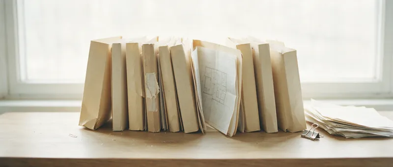 Mehrere Aktenmappen nebeneinander, eine offen mit einem Grundriss, daneben loses Papier und eine Klemme